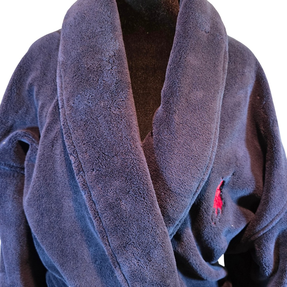 Polo Ralph Lauren Shawl Collar Navy Blue Fleece Robe Unisex One Size Plush - Picture 3 of 7